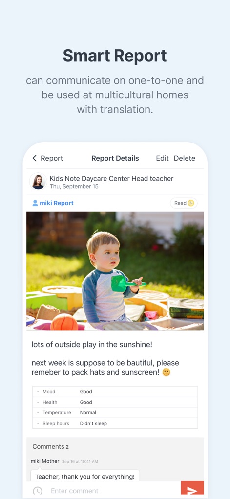Kids Note - This report screen provides in-depth information on a child's mood and health status, alongside an integrated comment section for private communication.
