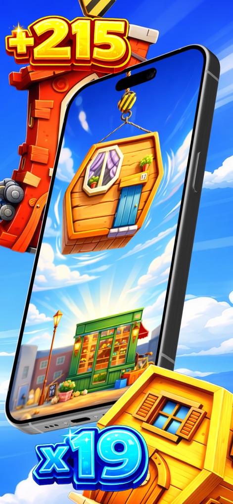 Strong Whisper Expert - This tool highlights the engaging house-stacking mechanic within its mobile interface, demonstrating both the score multiplier and a lively street backdrop.