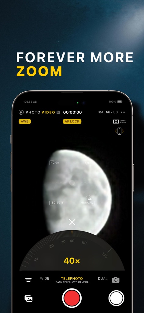 xZoom Cam - PRO Camera - This interface showcases the app's powerful "40x" zoom capability, allowing users to capture distant subjects with clarity, alongside critical "ISO 2018" manual controls for precise exposure management.