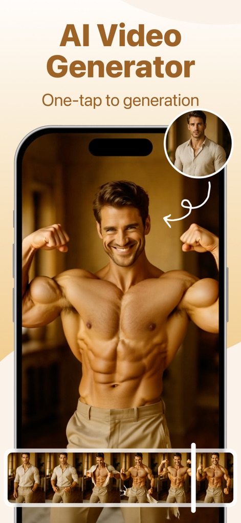 Photo Revive - AI Dance - Discover the AI video generator in action, demonstrating how an uploaded portrait transforms into a full-body animated sequence with diverse poses shown on the editing timeline.