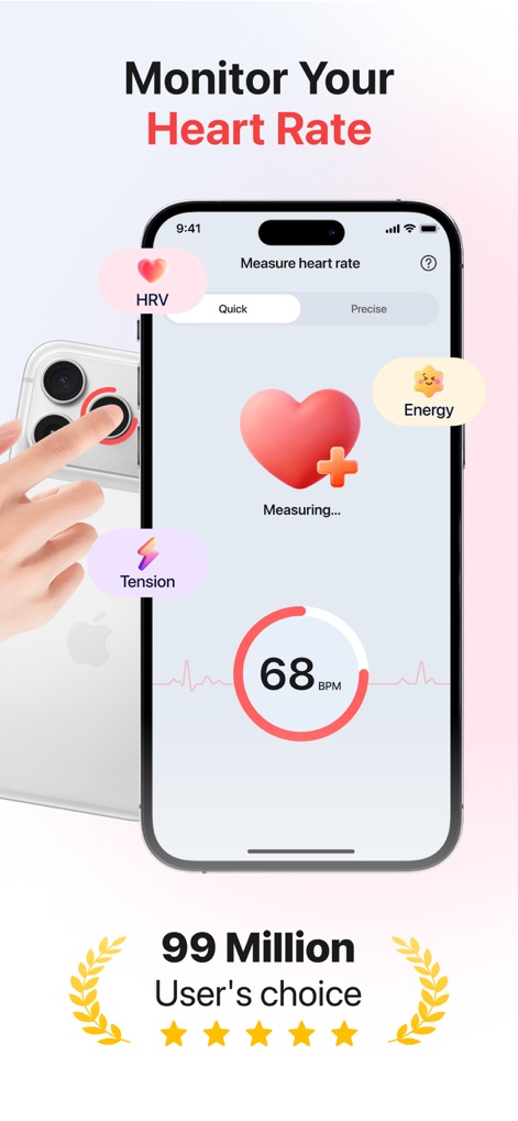 Blood Pressure App-Health Body - The app offers an intuitive "Measure heart rate" interface, instantly displaying key metrics like "HRV," "Energy," and "Tension" during measurements.