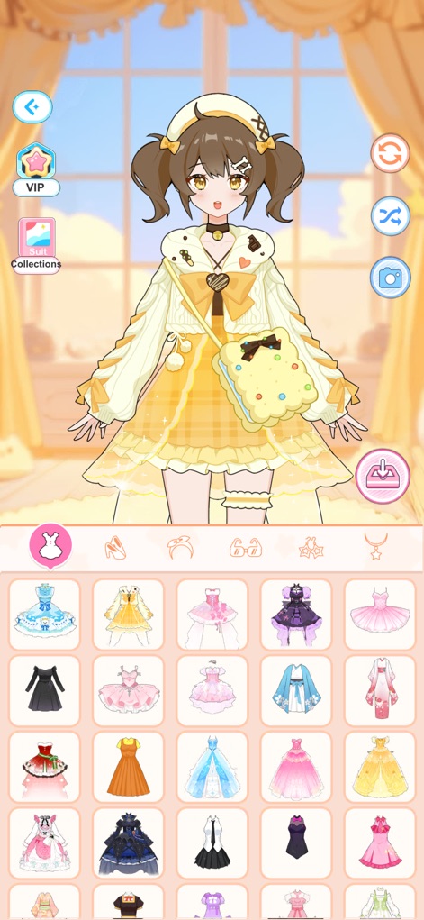 Love Idol: Beauty Dress Up - Discover the app's cheerful aesthetic with a character sporting a delightful yellow ensemble and adorable pigtails, showcasing the variety of available clothing and accessory categories.