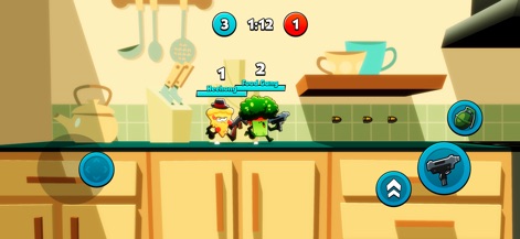 Food Gang - La pantalla muestra un enfrentamiento explosivo entre héroes comestibles, con el marcador superior indicando el progreso del equipo y un temporizador. Los usuarios navegan con el joystick virtual y ejecutan acciones con los botones intuitivos en pantalla.