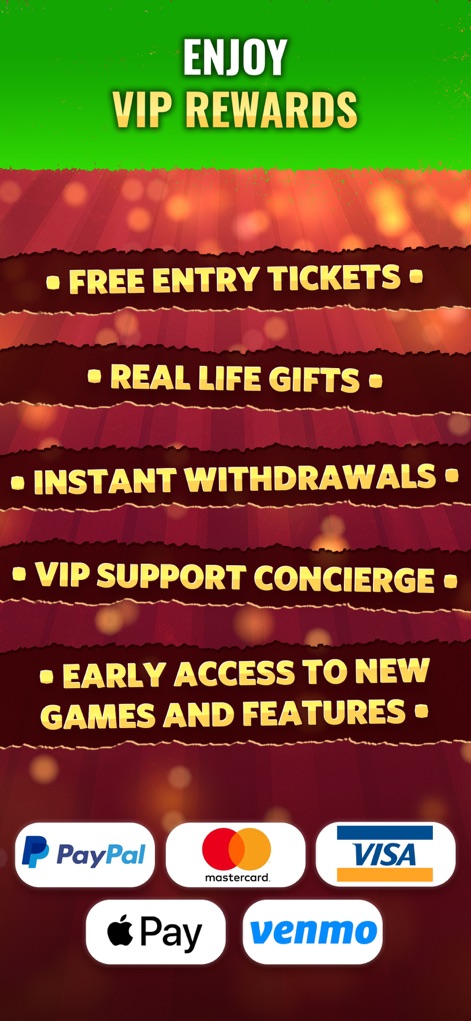 Dominoes Gold - Win Real Money - The app outlines exclusive VIP perks, including 'Free Entry Tickets' and 'Instant Withdrawals', alongside prominent payment provider logos for trusted transactions.