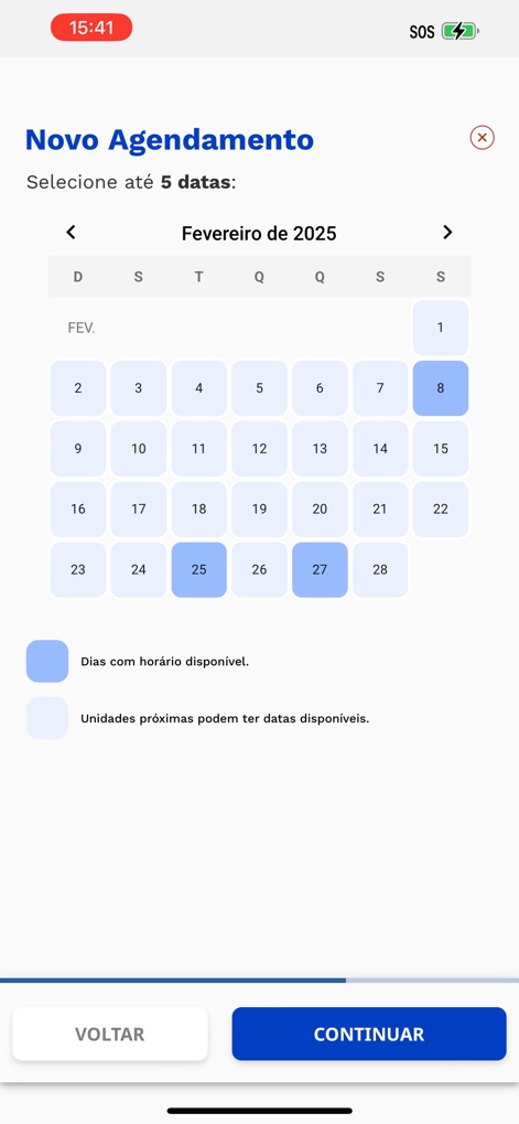 Espacolaser - Users can easily select up to five preferred dates from an interactive calendar interface for their new appointments, streamlining the booking process.