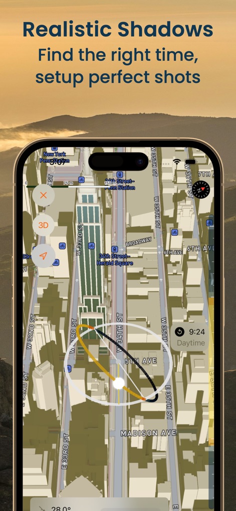 Sunset Prediction SolarWatch - L'app offre una mappatura 3D dettagliata con la previsione delle ombre in tempo reale, consentendo agli utenti di visualizzare con precisione il percorso del sole per una pianificazione fotografica ottimale.
