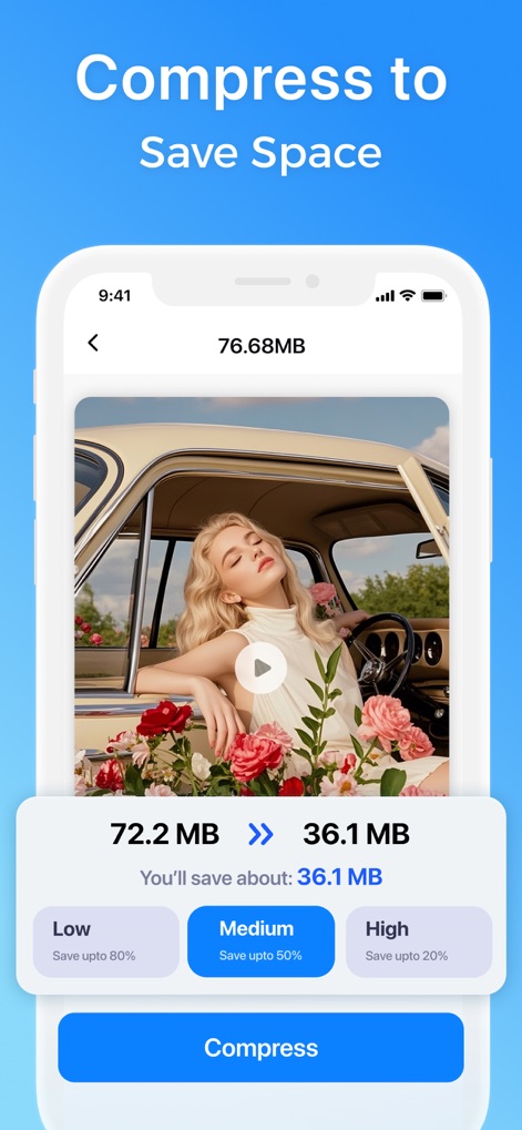 Smart Cleaner: AI Clean Up - Explore the app's powerful media compression tool, which clearly displays file size reduction and offers precise control with 'Low', 'Medium', and 'High' compression options.