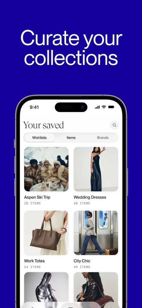 Phia: Shop Smarter, Save Money - See how users can efficiently organize their desired items within the "Your saved" section, creating custom "collections" like "Wedding Dresses" and "Aspen Ski Trip" for a personalized shopping experience.