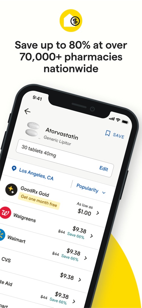 GoodRx: Prescription Savings - The app instantly compares prescription prices, displaying savings up to 80% and highlighting competitive offers from pharmacies like Walgreens and Walmart.