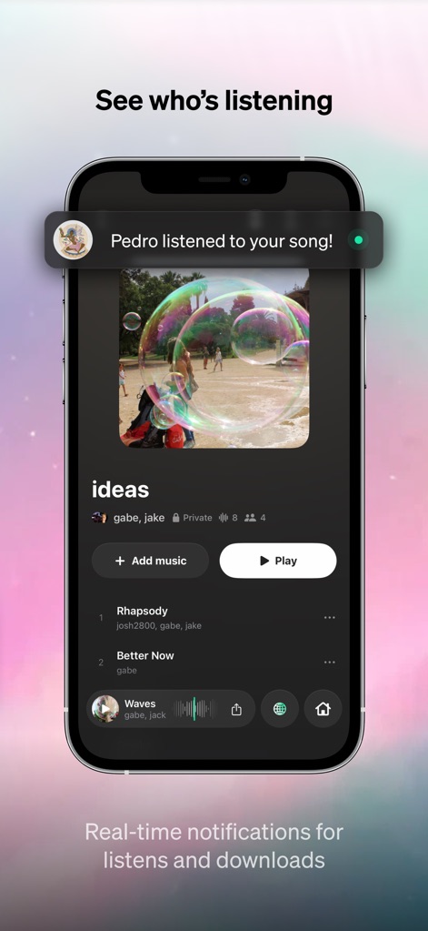 Baton - Unreleased Music - Los usuarios reciben alertas en tiempo real, como la notificación "Pedro listened to your song!", manteniendo el registro de la actividad en sus proyectos musicales.