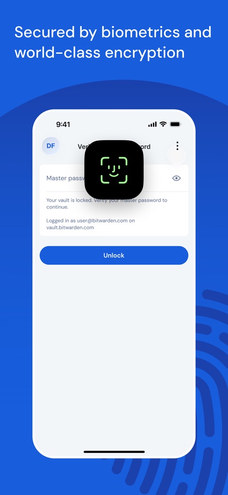 Bitwarden Password Manager - このアプリは、Face IDなどの生体認証を利用して安全なアクセスを提供し、必要に応じてマスターパスワードによる手動入力もサポートしています。