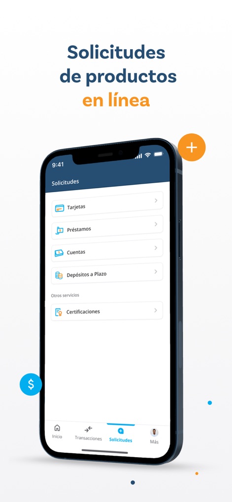 Banreservas - Se presenta la sección de "Solicitudes", organizando las opciones por categoría como "Tarjetas" y "Préstamos", junto a un claro botón "+" para nuevas gestiones digitales.