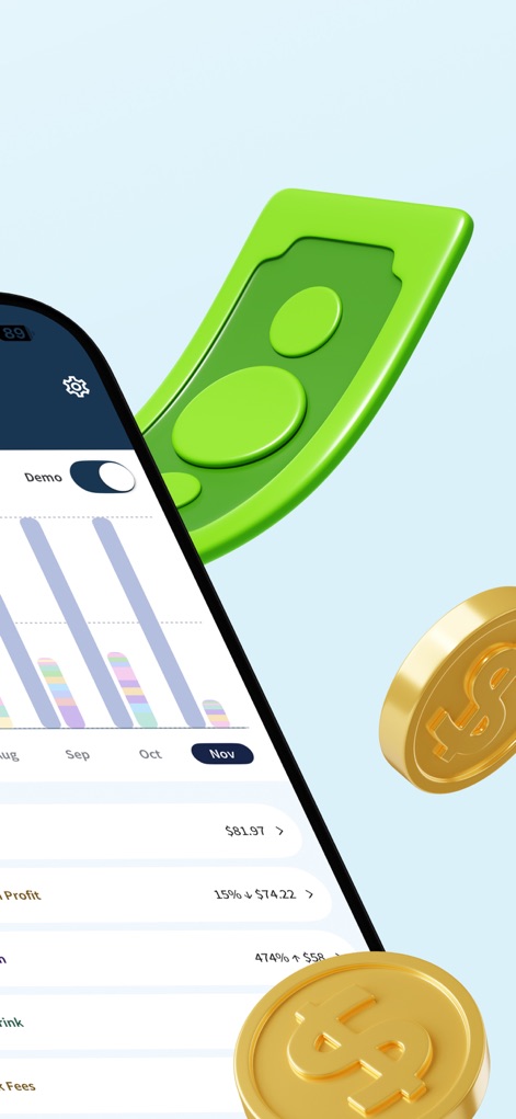 ATM Cash Advance・Instant Money - この画面では、ユーザーは「過去数ヶ月間の支出と利益の推移」を示す詳細な分析と、「個別のカテゴリや販売店ごとの費用内訳」を確認できます。