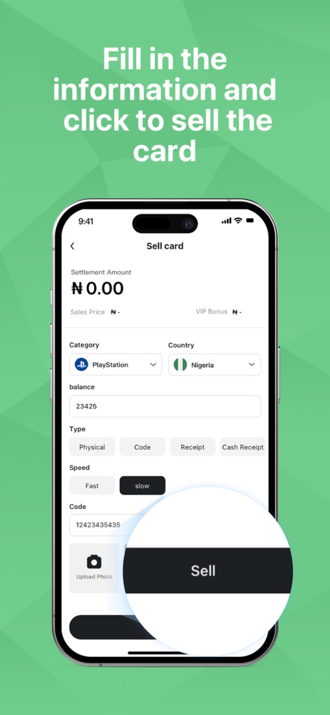 Carding - Sell Gift Cards - Experience the streamlined "Sell card" interface, where users can quickly select the Category and enter card details like the Balance to initiate a transaction.