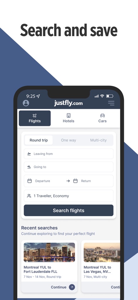 JustFly: Cheap Flights - La interfaz de búsqueda de vuelos permite a los usuarios elegir entre opciones como "ida y vuelta" o "solo ida", mostrando también un historial de "búsquedas recientes" para mayor comodidad.