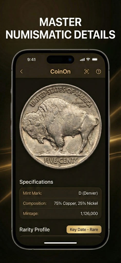 CoinOn - coin value identifier - Los usuarios pueden explorar información numismática profunda, incluyendo la "marca de ceca D (Denver)" y el perfil de rareza como "Key Date - Rare" para monedas específicas.