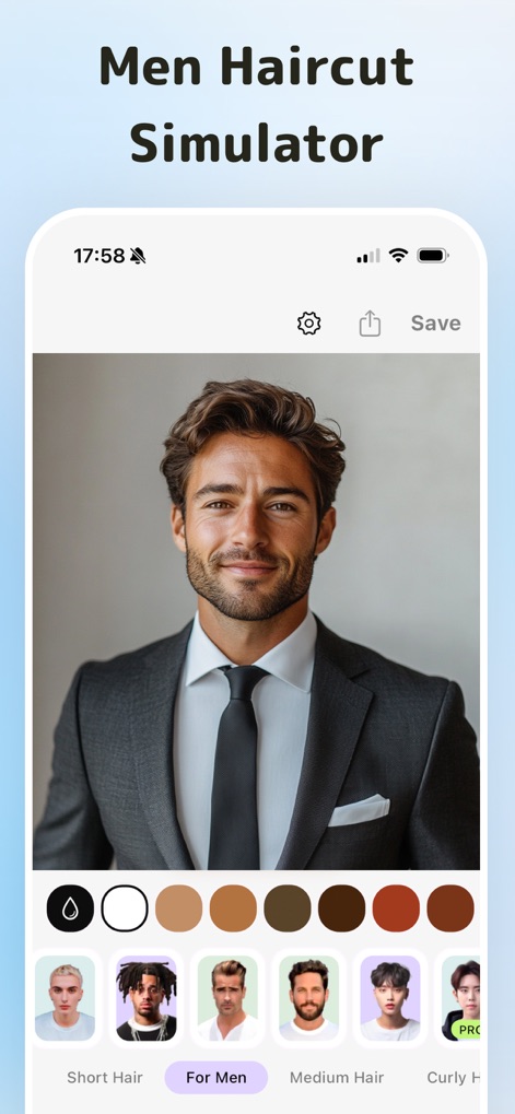 HairTry: Haircut Simulator - L'application inclut une section dédiée aux coiffures masculines, offrant une variété de coupes modernes et des options de couleurs pour hommes, permettant d'explorer des looks adaptés et élégants.
