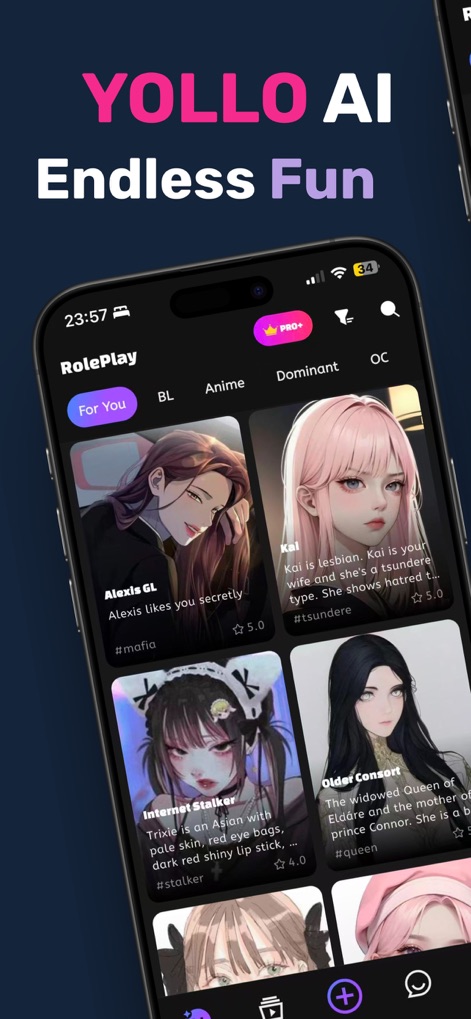 Yollo AI: Roleplay, AI Video - Users can explore a vast array of AI characters through diverse categories like 'Anime' and detailed profiles with intriguing hashtags.