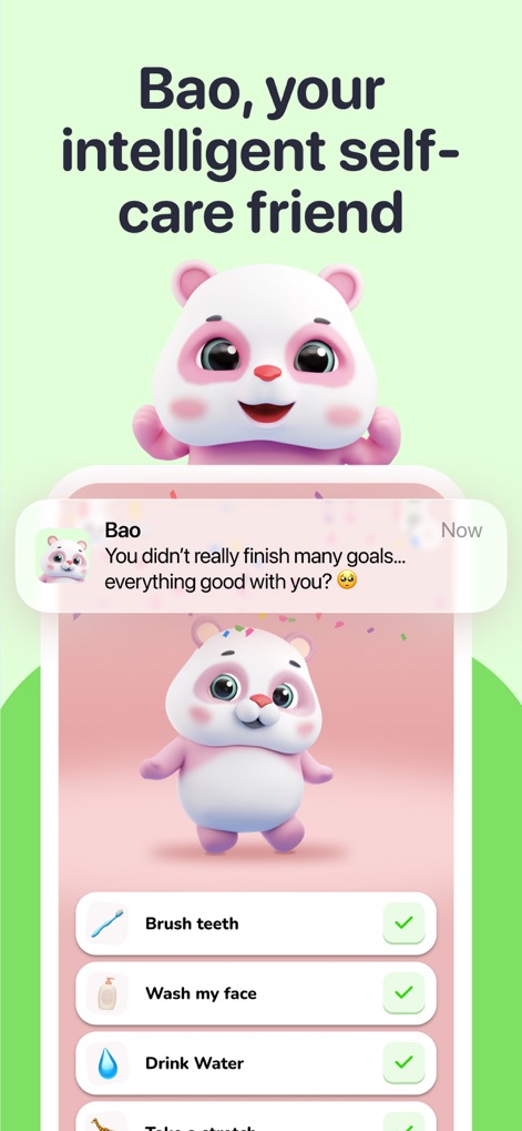 Friends – Pengu, Bao & Mellow - This visual demonstrates Bao's commitment to self-care, presenting a proactive notification prompt and a comprehensive habit checklist for daily routines.