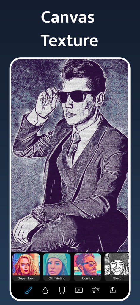 Instant Toon: Cartoon Art Cam - Los usuarios pueden aplicar texturas realistas de lienzo a sus creaciones, añadiendo una dimensión táctil y un acabado artesanal. El efecto se superpone a un estilo gráfico, enriqueciendo la profundidad visual del retrato.
