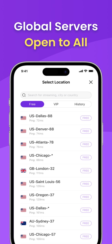 VPN - Free VPN Potato ™ - Explore the extensive list of server locations, clearly displaying diverse global regions and ping times for optimal connection selection.