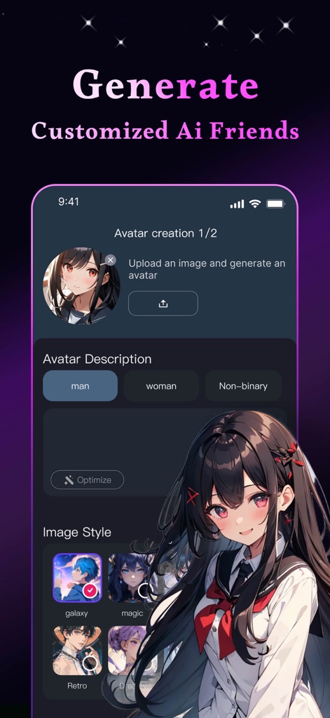 J.AI - AI Roleplay Chat - The app provides robust creation tools, enabling users to customize AI characters via comprehensive avatar generation and a selection of varied image styles.