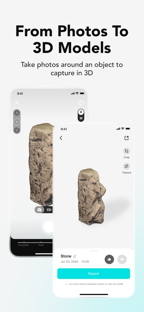 KIRI Engine:3D Scanner & LiDAR - See how the app streamlines the process from initial photo capture to a detailed 3D model, ready for export.