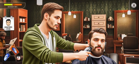 Barber Shop Hair Cut Salon 3D - Esta cena mostra um cabeleireiro dedicado aperfeiçoando o estilo de um cliente, imerso em um ambiente clássico de barbearia que realça a experiência de jogo.