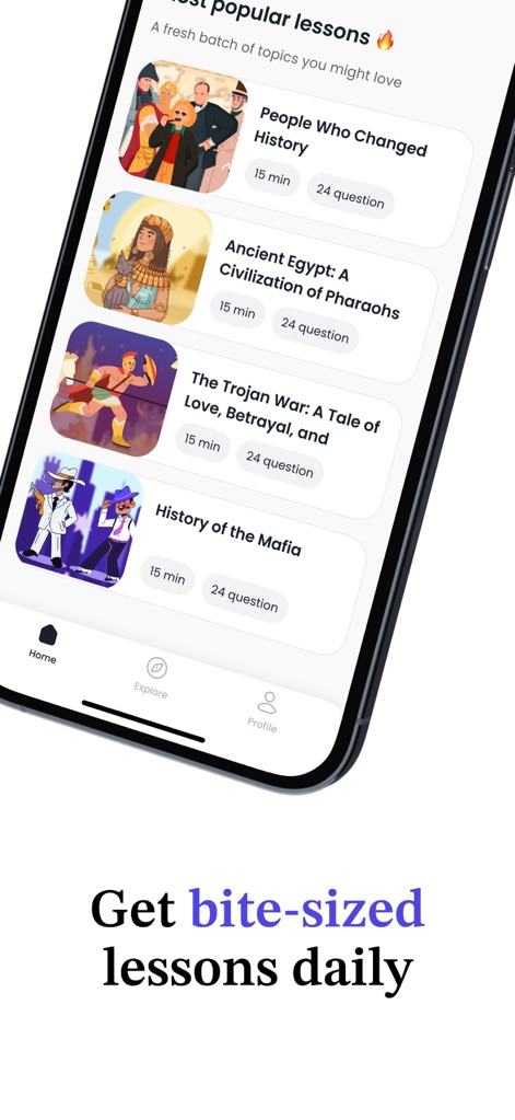MyGrowth: Daily Micro Learning - The app showcases "Most popular lessons" with estimated times and question counts, navigable through the "Home" and "Explore" tabs.