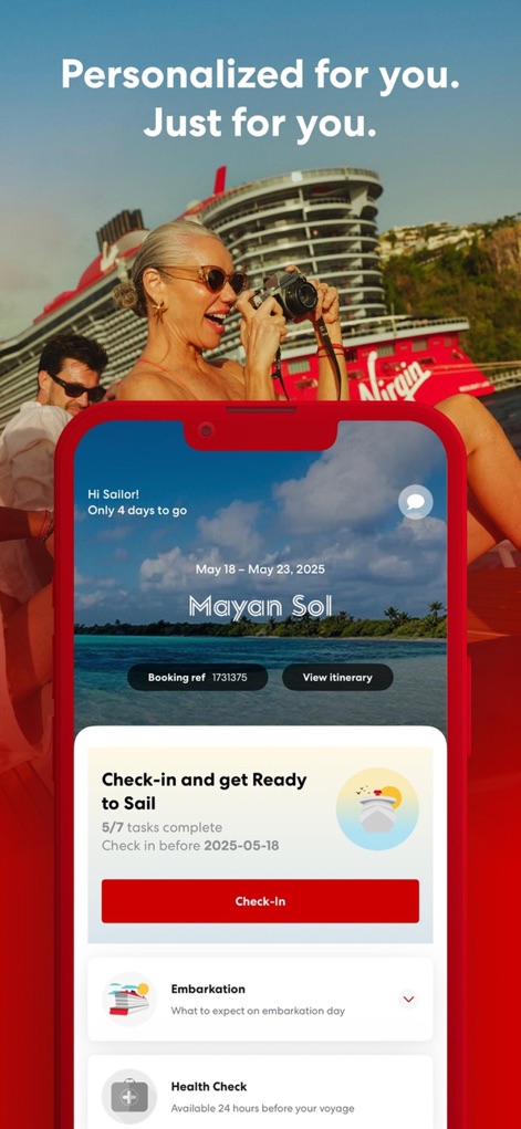 Virgin Voyages - This tool offers a personalized voyage dashboard, consolidating vital trip information, and a streamlined check-in process, ensuring a smooth start to the sailing experience.