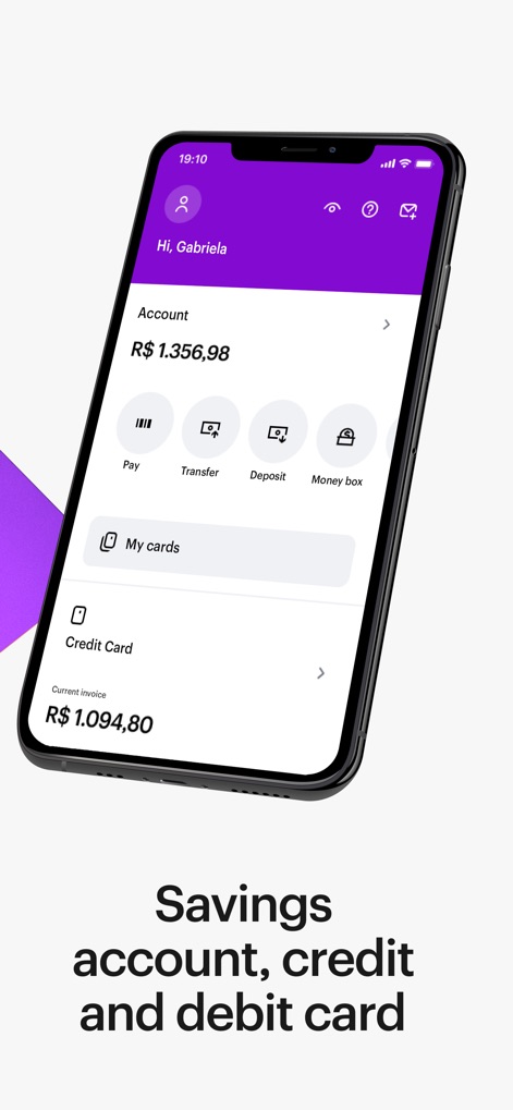 Nu - Observe the app's intuitive dashboard, displaying an immediate account balance and easily accessible quick action buttons for daily transactions.