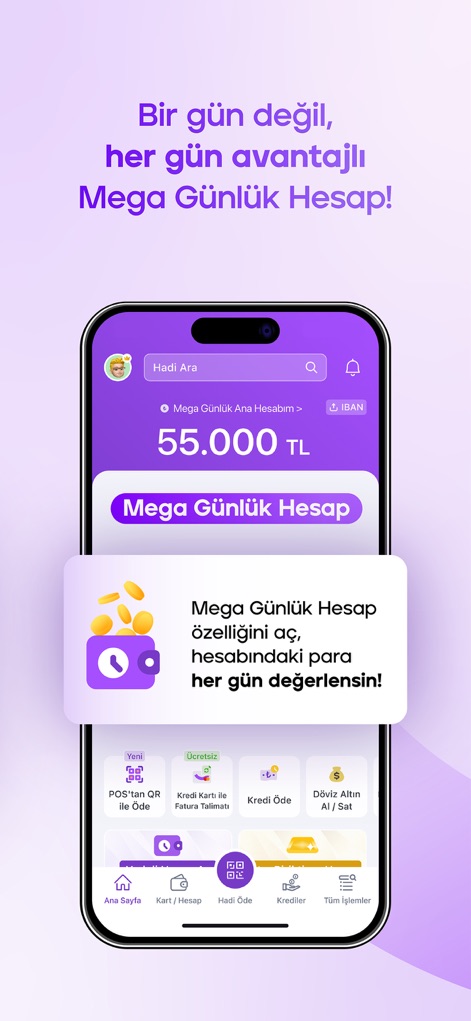 TOM Bank Hadi - View the Mega Daily Account feature, showcasing a substantial balance of 55,000 TL and its promise of daily appreciation for users' funds.