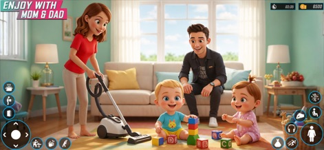 Mother Life Simulator Mom Game - Observe the collaborative family dynamics, with a mother engaging in household chores like vacuuming while toddlers play nearby, set within a cozy living room environment.