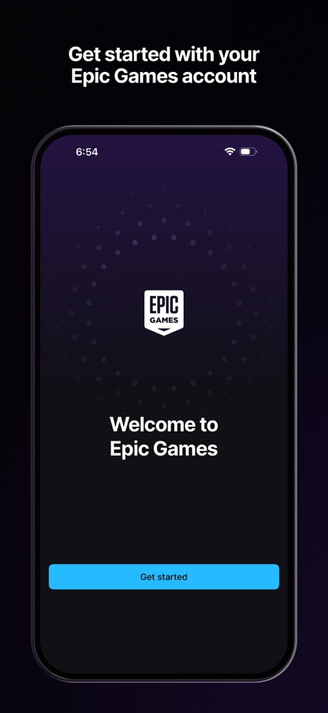 Epic Games - La schermata di benvenuto guida gli utenti nell'universo Epic Games, evidenziando il logo centrale e il chiaro pulsante "Get started" per un avvio rapido.
