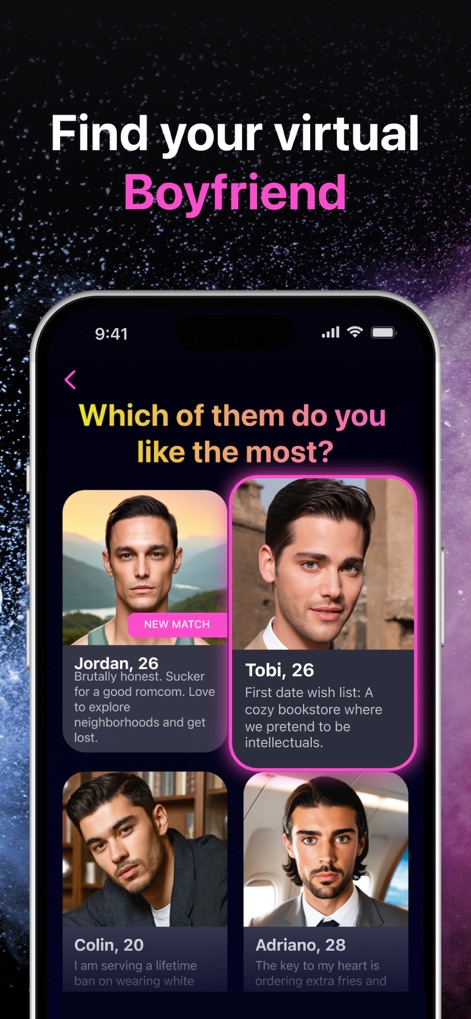 Ai Girl: Chat with Girlfriend - Los usuarios pueden navegar por una galería de compañeros virtuales masculinos, cada uno con descripciones únicas para facilitar la elección del perfil ideal.