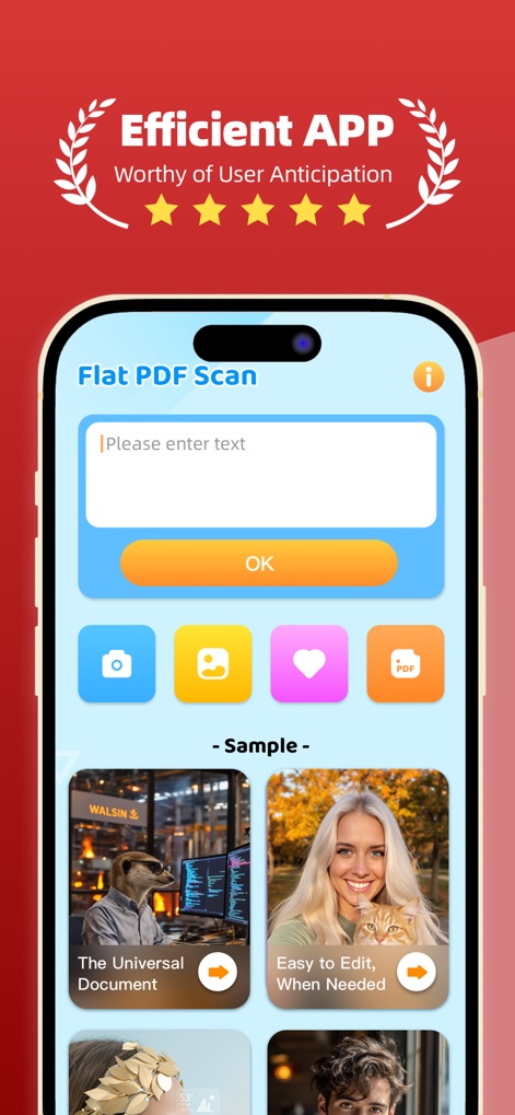 Flat PDF Scan-PDF Creator - See how the app's clean 'Please enter text' input field and prominent camera and gallery icons simplify initial interaction for users.