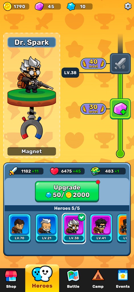 Claw Master – Roguelike Hero - Discover the extensive hero management system, allowing players to upgrade 'Dr. Spark' with a unique magnet claw and manage a diverse roster of other unlockable heroes.