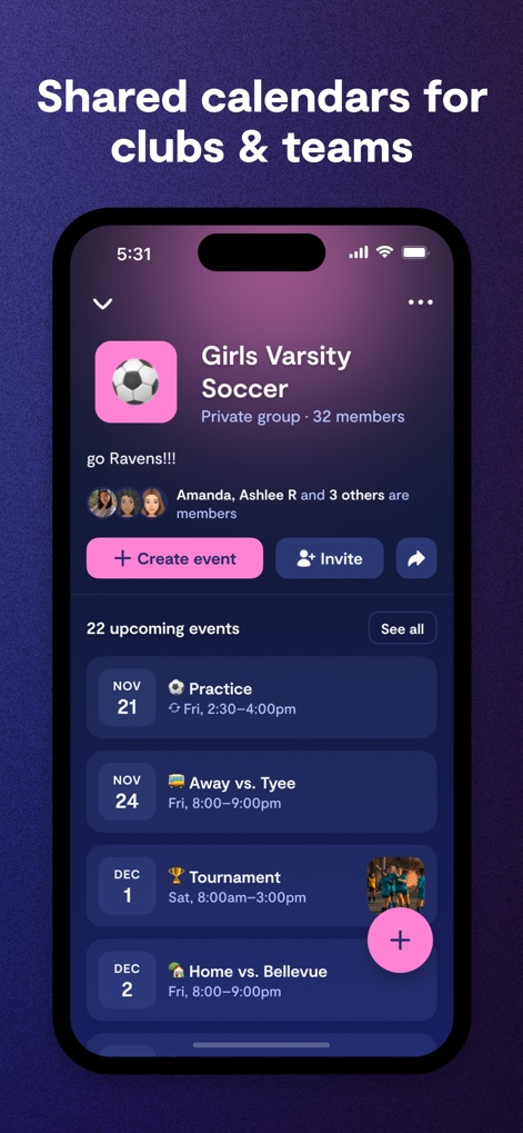 Saturn Calendar - The app facilitates group organization by showing a clear group name like 'Girls Varsity Soccer' and a comprehensive list of upcoming events with specific dates.