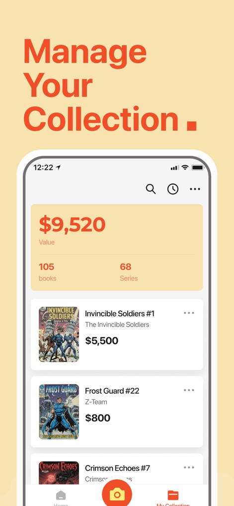 ComicSnap: Identify Comic Book - The app allows collectors to track their total collection value and easily browse individual comic entries with their associated market prices.