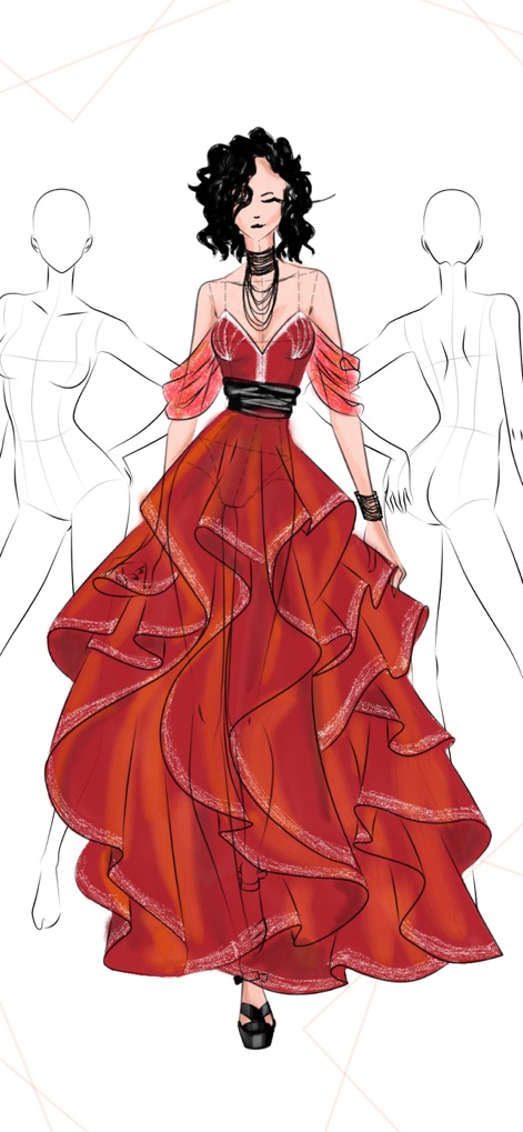 Fashion Design Sketches: Style - Witness the app's capability to render a detailed and intricate layered red dress design, offering users versatile blank mannequin templates to start their creations.