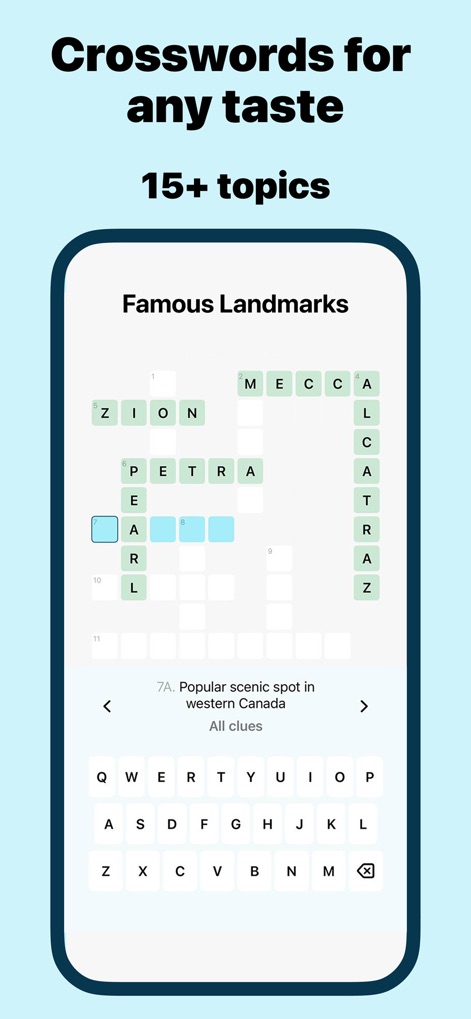 Word of the Day・Vocabulary - The app provides diverse crossword puzzles, such as the "Famous Landmarks" theme, complete with an intuitive on-screen keyboard for easy input.