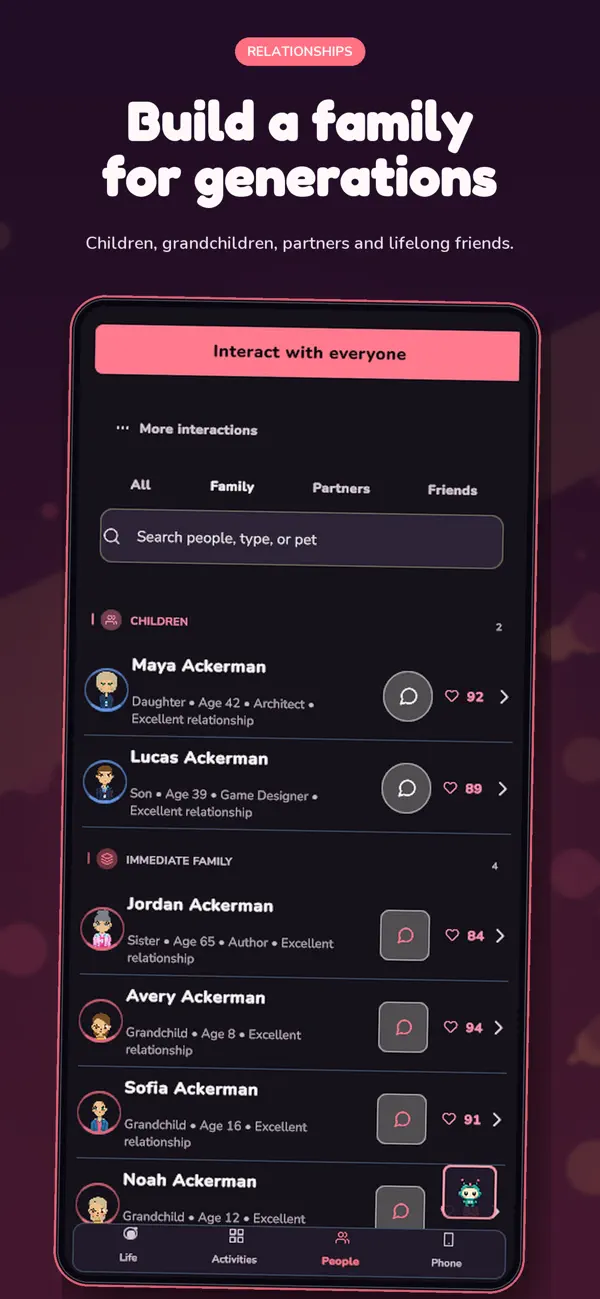 LifePop App Store screenshot: Build a family for generations, with relationships and family members