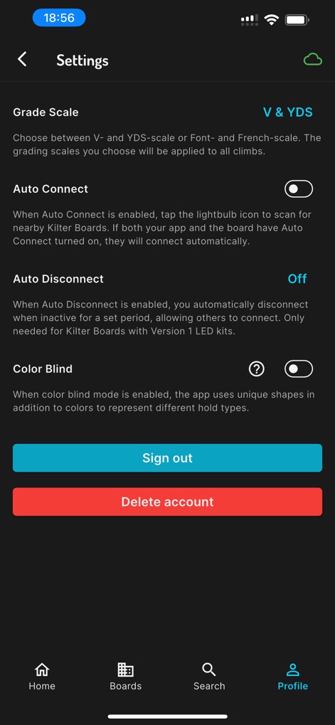 Kilter Board Climbing Wall App - Understand how the app enables a customized user experience, offering options for "Grade Scale" preferences and a crucial "Color Blind mode" toggle for accessibility.