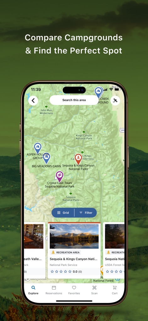 Recreation.gov - Esta vista ofrece un mapa interactivo con marcadores de ubicación que resaltan sitios específicos y opciones de filtrado, facilitando la comparación visual de diferentes campamentos.