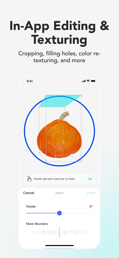 KIRI Engine:3D Scanner & LiDAR - See the comprehensive in-app editing tools, enabling users to precisely adjust model boundaries and rotate objects for optimal presentation.