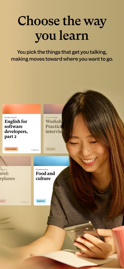 Cambly – Learn English - This tool empowers learners to choose their preferred learning path from a variety of private courses, including specialized topics like 'English for software developers' and 'Food and culture'.
