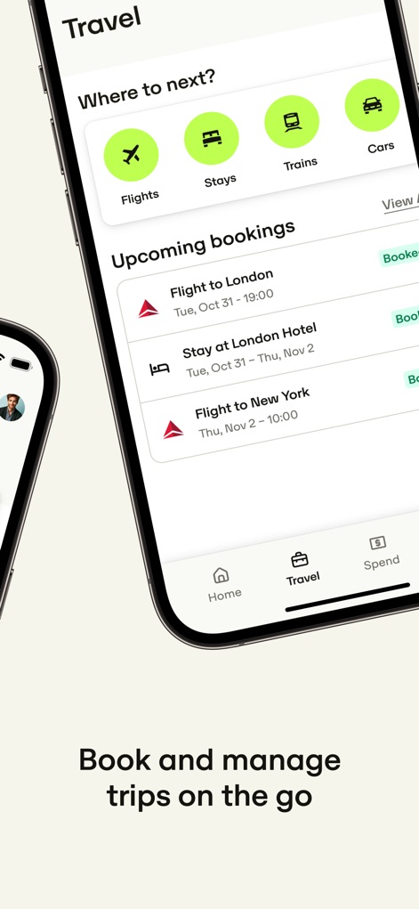 Perk - Users can effortlessly book and manage various travel needs, utilizing diverse booking categories like flights and stays, all conveniently listed under upcoming bookings.