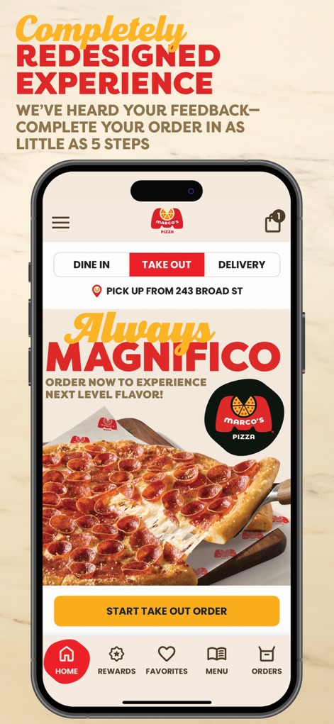 Marco’s Pizza - The app’s clean interface highlights immediate order type selection (Dine In, Take Out, Delivery) and prominent promotional banners for special offers.