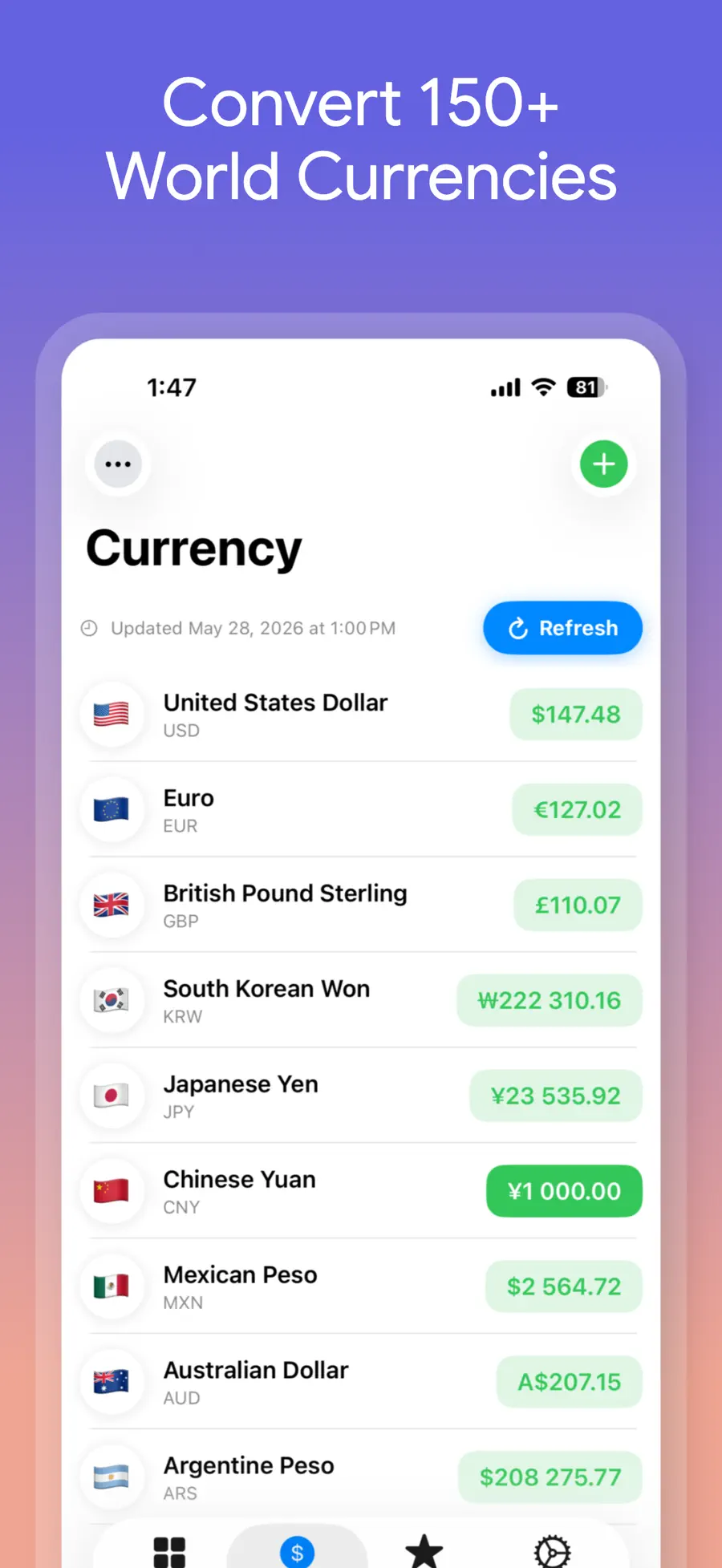 Unit Converter Max showing unit categories, multiple conversion results, and world currencies on iPhone (3/5)