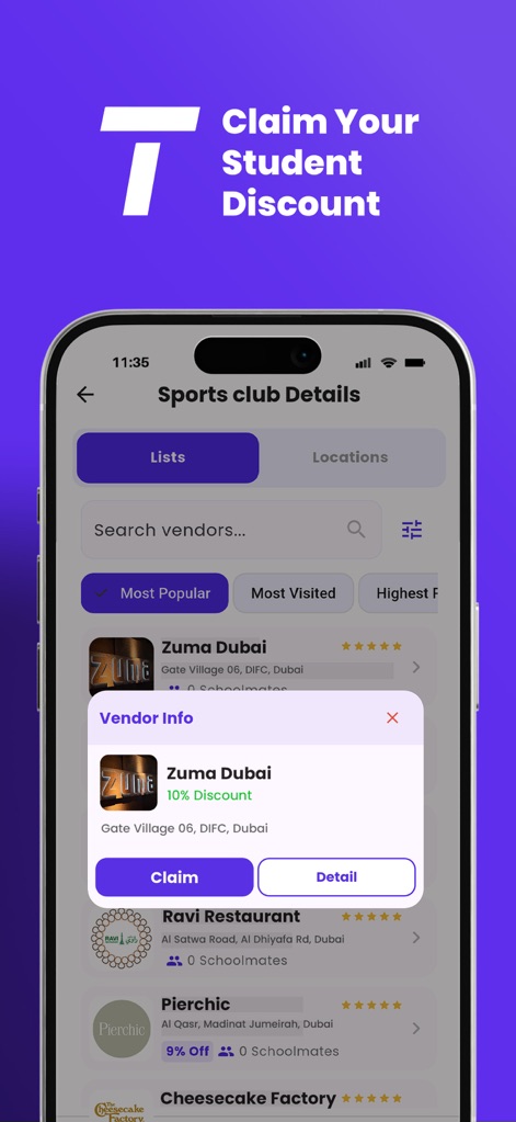 Tolaab - 이 앱은 '벤더 정보(Vendor Info)' 팝업을 통해 특정 매장의 '10% 할인' 정보를 직관적으로 보여주며, '요청(Claim)' 버튼을 눌러 즉시 할인을 적용할 수 있도록 안내합니다.